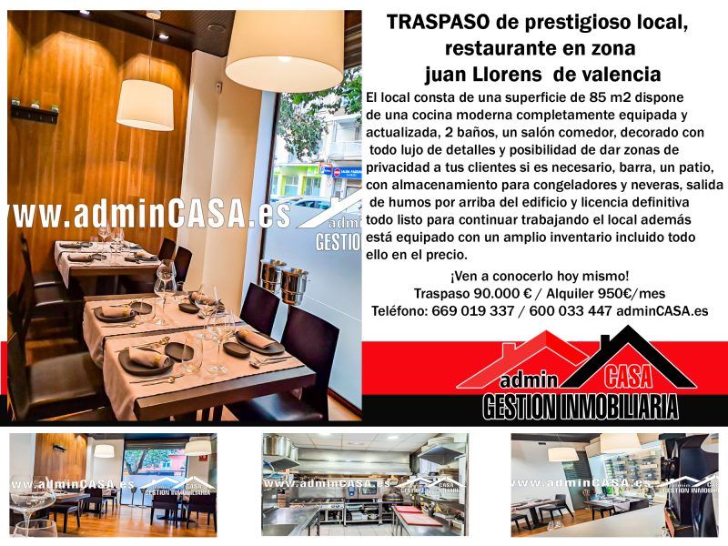 TRASPASO de prestigioso restaurante en zona juan Llorens de valencia