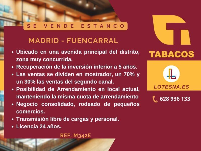 Se vende Estanco en Madrid. Distrito Fuencarral – El Pardo, ref. M342E
